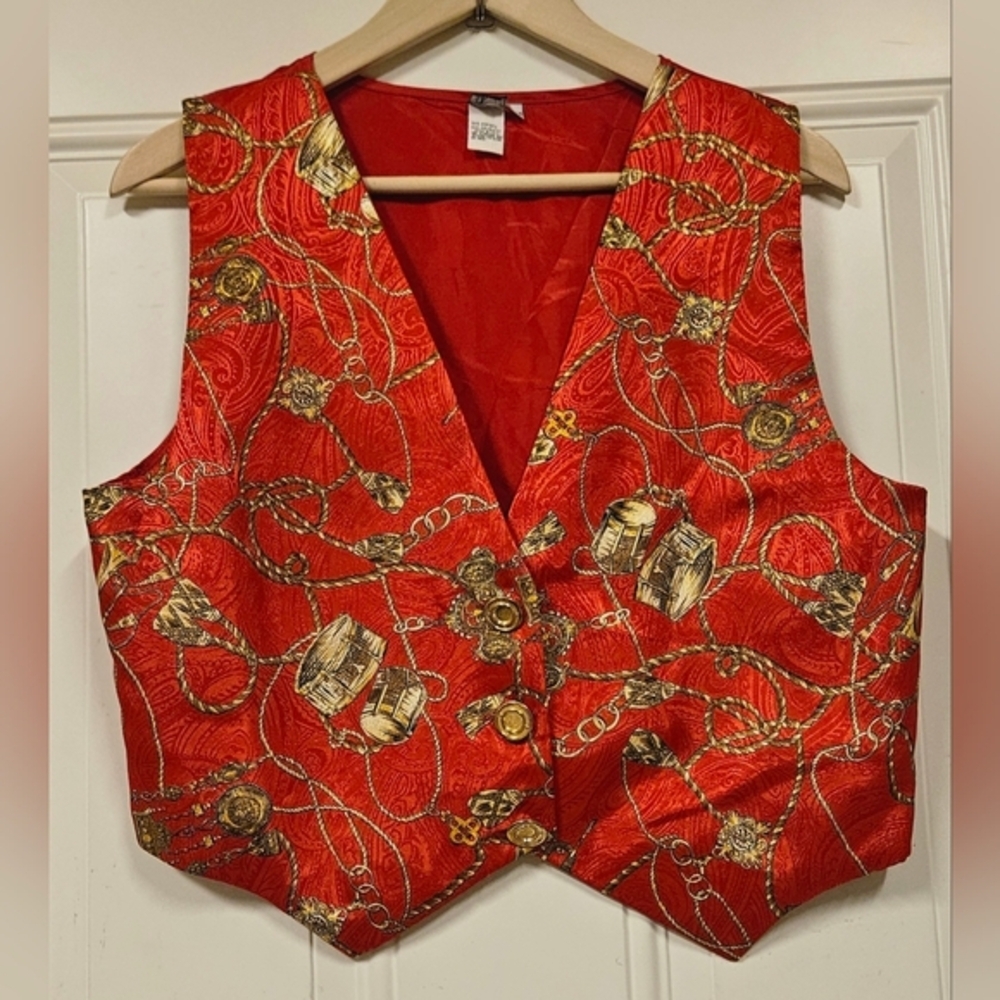Vintage 70s Colorfu Holiday Vest Red gold tassels chains trumpets print size S-M